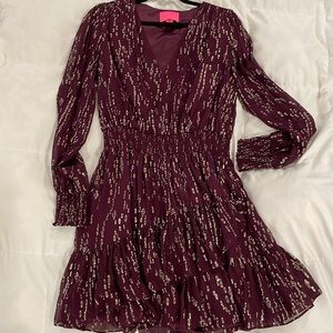 Lilly Pulitzer beautiful purple dress. Long sleeves with gold highlights.
